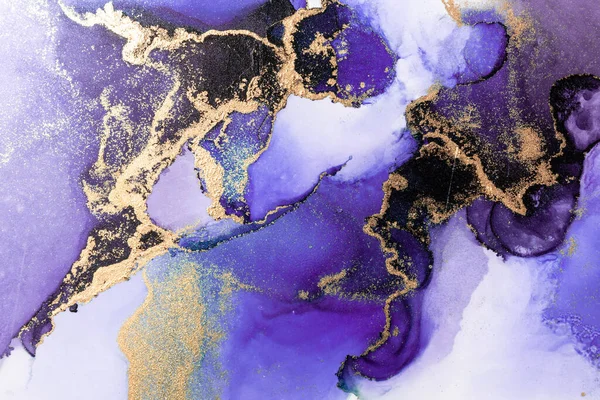 Oro púrpura fondo abstracto de mármol tinta líquida pintura de arte sobre papel . — Foto de Stock