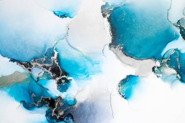 Kağıt üzerinde mermer sıvı mürekkep resminin mavi gümüş soyut arkaplanı .