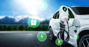 Alternatif yeşil enerji kavramında elektrikli araba şarj istasyonu