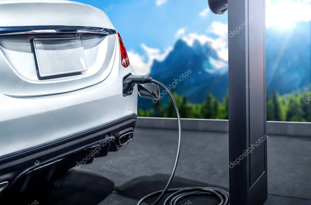 EV charging station for electric car in concept of green energy and eco travel