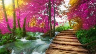 Hırvatistan 'ın Plitvice Gölü' ndeki ahşap patika videosu fantezi yeşillik rengi