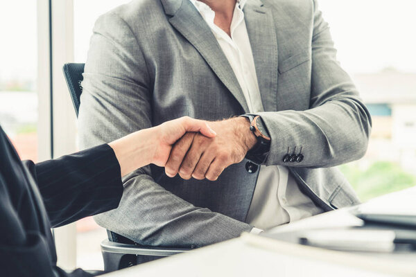 Businessman handshake businesswoman in office.