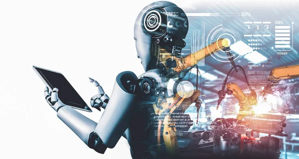 Robot industrial mecanizado y brazos robóticos imagen de doble exposición . —  Fotos de Stock