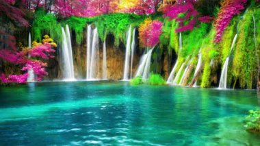 Plitvice Gölleri Hırvatistan 'daki şelale manzarasının kusursuz döngü sineması videosu