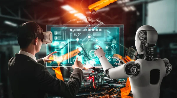 Μηχανική βιομηχανία ρομπότ και των εργαζομένων που εργάζονται από κοινού στο μέλλον εργοστάσιο — Φωτογραφία Αρχείου