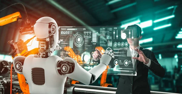Gépesített ipari robot és ember dolgozik együtt a jövő gyárában — Stock Fotó