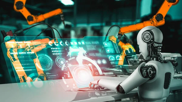 Robot dell'industria meccanizzata e bracci robotici per il montaggio nella produzione di fabbrica . — Foto Stock