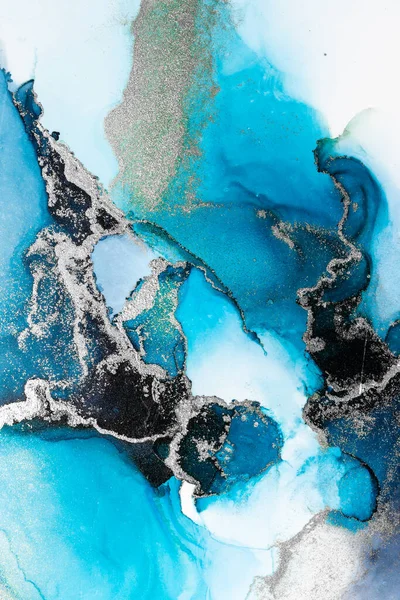Fondo abstracto de plata azul de mármol pintura de arte de tinta líquida sobre papel . —  Fotos de Stock
