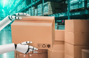 Yenilikçi endüstri robotu insan işçiler için depoda çalışıyor.