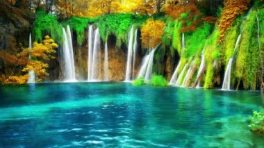 Plitvice Gölleri Hırvatistan 'daki şelale manzarasının kusursuz döngü sineması videosu