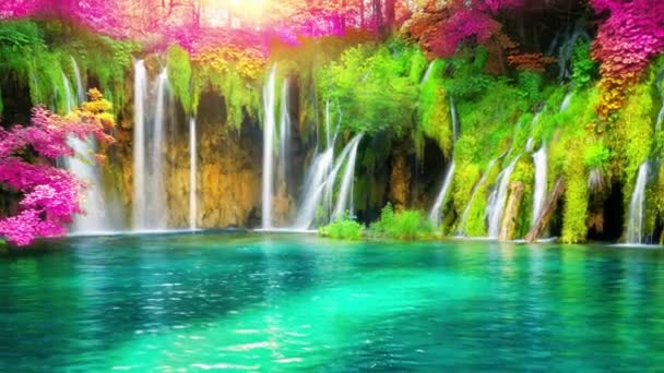 Кинематографическое видео водопада в Плитвицких озерах Хорватии, фантастический цвет листвы — стоковое видео
