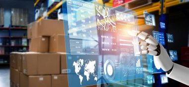 Yenilikçi endüstri robotu insan işçiler için depoda çalışıyor.