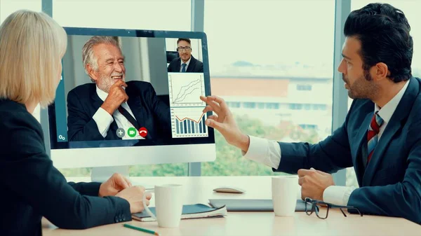 Video call group business people meeting on virtual workplace or remote office — Stock Photo, Image