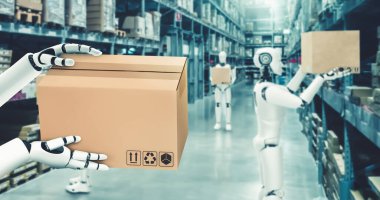 Yenilikçi endüstri robotu insan işçiler için depoda çalışıyor.