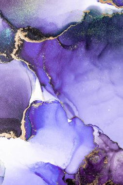 Kağıt üzerinde mermer sıvı mürekkep resminin mor altın soyut arkaplanı .