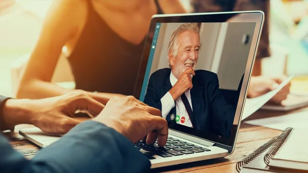 Video call group business people meeting on virtual workplace or remote office — Stock Photo, Image