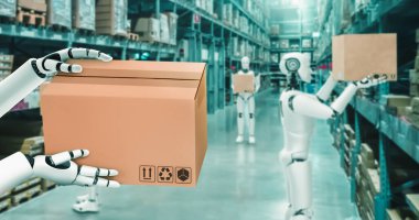 Yenilikçi endüstri robotu insan işçiler için depoda çalışıyor.