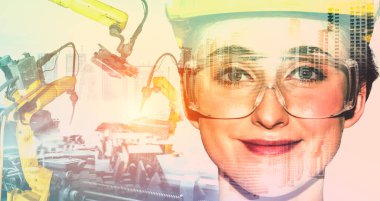 Mekanize endüstri robotu kolu ve fabrika işçisi çift pozlama