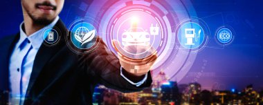 Yeşil enerji için EV şarj istasyonu ile elektrikli otomobil sanal gerçeklik kavramı