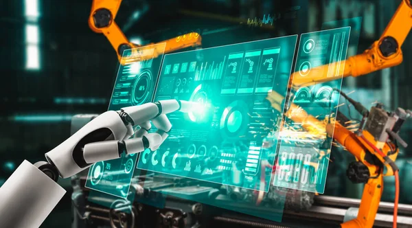 Mechanized industry robot and robotic arms for assembly in factory production . — Stock Photo, Image