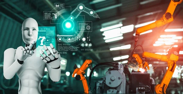 Gépesített ipari robot és robotkar gyári összeszereléshez . — Stock Fotó