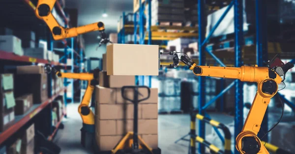 Smart robot arm system for innovative warehouse and factory digital technology — Stock Photo, Image