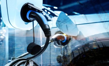 Yeşil enerji ve ekolojik güç kavramında elektrikli araba şarj istasyonu