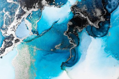 Kağıt üzerinde mermer sıvı mürekkep resminin mavi gümüş soyut arkaplanı .