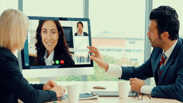 Video call group business people meeting on virtual workplace or remote office