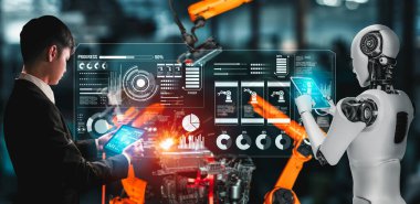Mekanize endüstri robotu ve insan işçileri gelecekteki fabrikada birlikte çalışıyorlar.