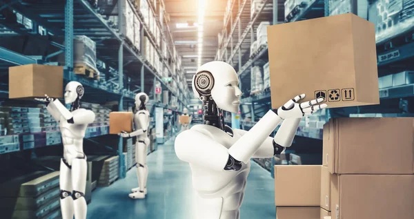 Robô inovador da indústria trabalhando em armazém para substituição de mão de obra humana — Fotografia de Stock