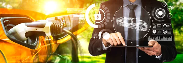 Electric car virtual reality concept with EV charging station for green energy — Stock Photo, Image