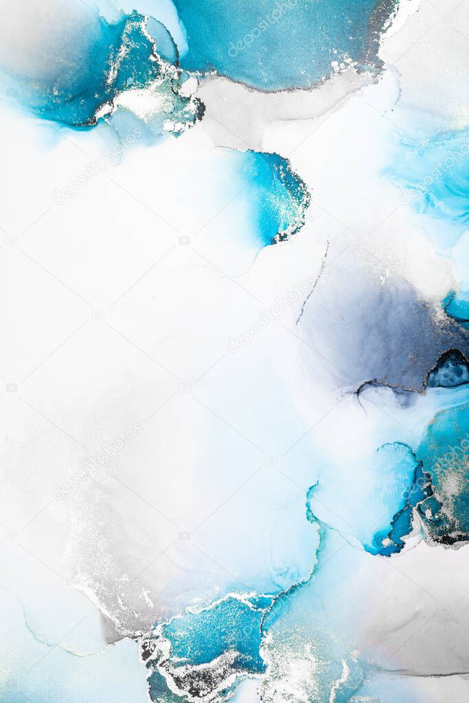 Blue silver abstract background of marble liquid ink art painting on paper .