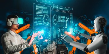 Mekanize endüstri robotu ve insan işçileri gelecekteki fabrikada birlikte çalışıyorlar.