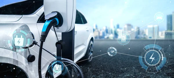Borne de recharge EV pour voiture électrique en concept d'énergie verte et d'éco voyage — Photo