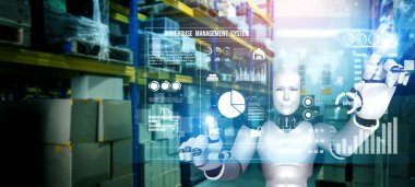 Yenilikçi endüstri robotu insan işçiler için depoda çalışıyor.