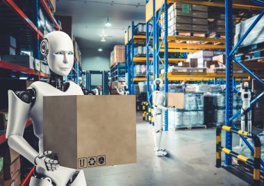 Yenilikçi endüstri robotu insan işçiler için depoda çalışıyor.