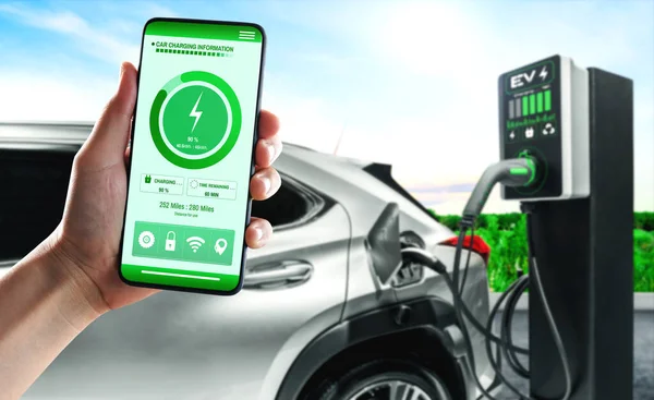 EV charging station for electric car with mobile app display charger status