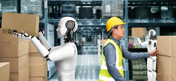 倉庫で働く革新的な産業用ロボットと人間の労働者 — ストック写真