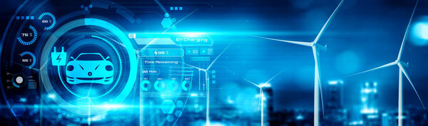 Электромобиль в концепции зеленой устойчивой энергии, используемой зарядной станцией EV