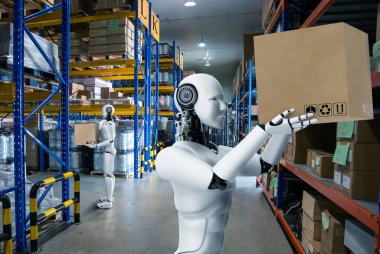 Yenilikçi endüstri robotu insan işçiler için depoda çalışıyor.