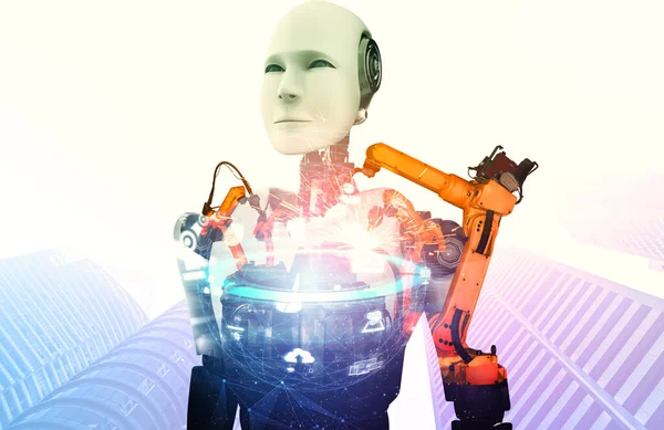 機械化産業用ロボットとロボットアームの二重露光画像 . — ストック写真