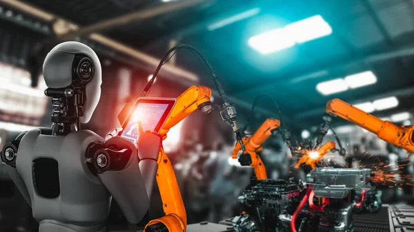 공장 생산을 위한 기계화 된 산업용 로봇 과 로봇 팔 . — 스톡 사진