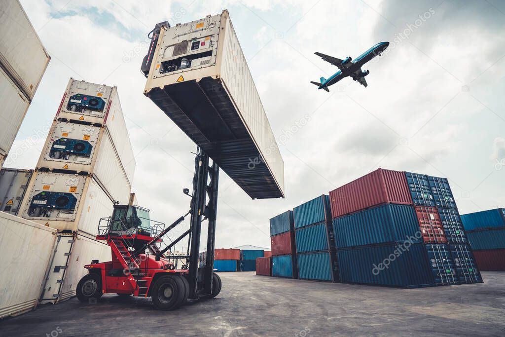 Cargo container for overseas shipping in shipyard with airplane in the sky .