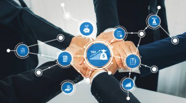 A visual representation of collaboration focusing on tax strategies. Hands join together around financial icons, symbolizing teamwork and growth in business investment opportunities. Amity