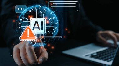 Yapay zeka arayüzü uyarı hatası ve sistem alarmı gösteriyor. Yapay zeka hatası yanlış çıktıya ya da halüsinasyona yol açabilir. Yapay zeka komut hatasını yönetmek güvenli yapay zeka dağıtımında çok önemli. Elide