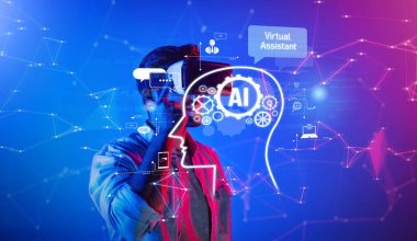 A creative representation of AI as a virtual assistant, blending technology and human interaction in a futuristic setting. Ideal for tech-related content and design. XDMCP