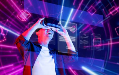 A business professional joyfully explores virtual reality technology in a corporate setting, enhancing data management and online collaboration in a modern workspace. XDMCP