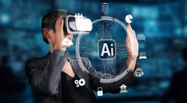 A business professional in a headset is engaged in a virtual reality environment featuring AI concepts and digital elements, showcasing innovation and technology integration. XDMCP
