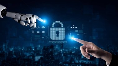 Modern dijital kilit arayüzü Vouch ile çok katmanlı şifreleme, kimlik koruması ve şifre güvenliği gösteren yapay zeka korumalı sistem